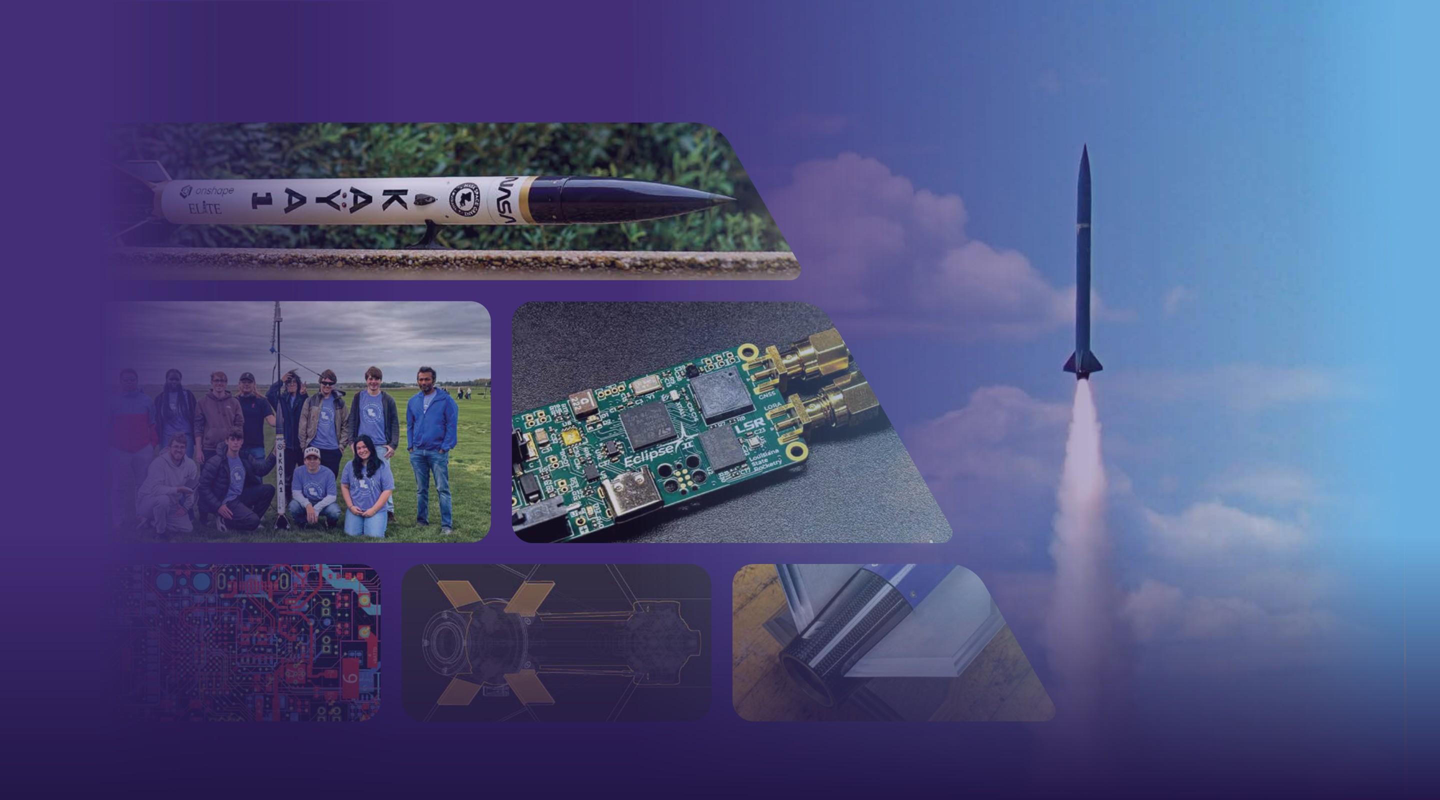 Rocket launch with collage of LSR team, avionics and airframe photos